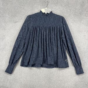 Deletta Shirt Womens Medium Blue Smocked Mock Neck Y2K Floral semi sheer Blouse